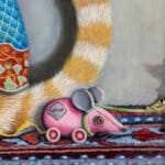 One Cool Cat..., painted by renowned UK fantasy artist Ann Richmond, is a stunning and captivating piece of fantasy art featuring a ginger cat surrounded by mischievous Harlequin mice as they attempt to steal the key to the cheese store. Part of the Otherwurlde Collection—and created in collaboration with writer Gary Hyland—the piece transports viewers into a magical realm where armoured animals and evocative narratives come to life. Offered as affordable art with story, collectors can choose between the original artwork and an exclusive range of fine-art prints. Discover the enchantment at Otherwurlde.com.