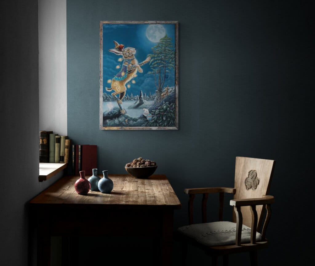 Moon Dancer, painted by renowned UK fantasy artist Ann Richmond, is a beautiful and mystical piece of fantasy art featuring a graceful hare dancing beneath an ethereally glowing moon. Part of the Otherwurlde Collection—and created in collaboration with writer Gary Hyland—the piece transports viewers into a magical realm where armoured animals and evocative narratives come to life. Offered as affordable art with story, collectors can choose between the original artwork and an exclusive range of fine-art prints. Discover the enchantment at Otherwurlde.com.