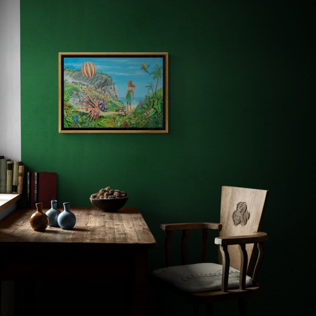 The Gossamer Thread, painted by renowned UK fantasy artist Ann Richmond, is a mysterious, ethereal artwork featuring a dryad guiding her lionfish companion down to the sea. Part of the Otherwurlde Collection—and created in collaboration with writer Gary Hyland—the piece transports viewers into a magical realm where armoured animals and evocative narratives come to life. Offered as affordable art with story, collectors can choose between the original artwork and an exclusive range of fine-art prints. Discover the enchantment at Otherwurlde.com.