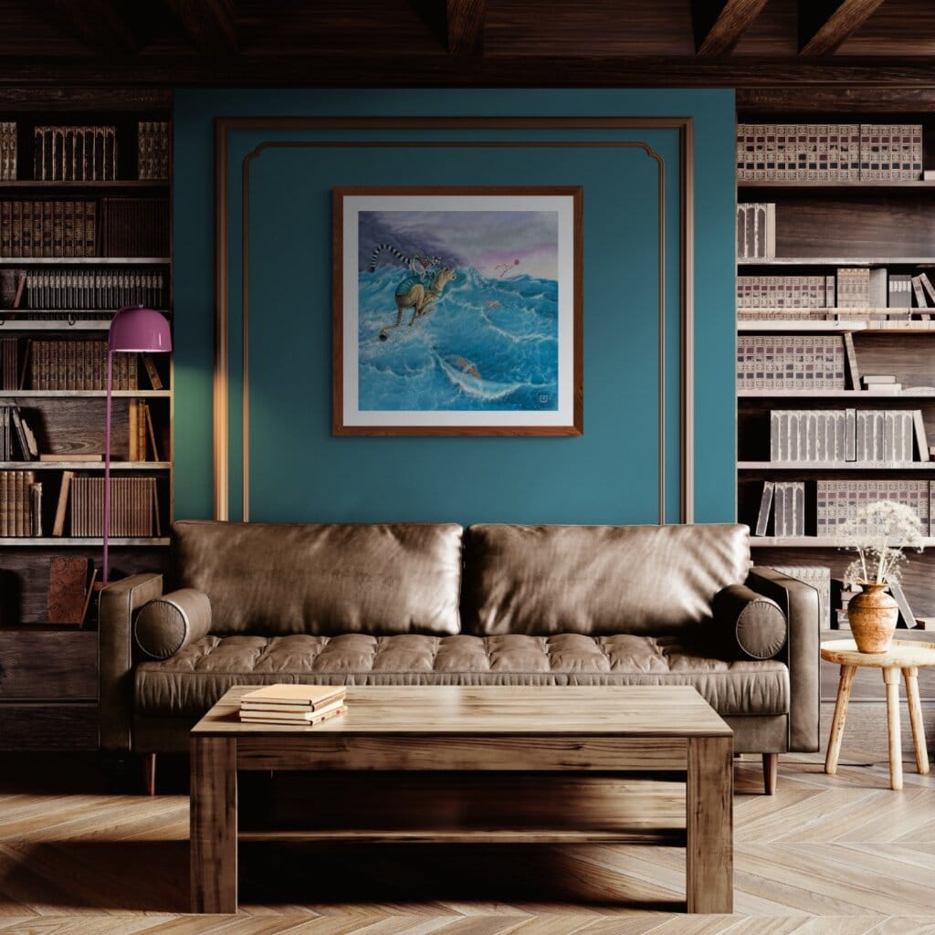 Windcheetah!, painted by renowned UK fantasy artist Ann Richmond, is an optimistic and supportive piece of fantasy art featuring a cheetah and a lemur sprinting over waves in pursuit of a mysterious red balloon. Part of the Otherwurlde Collection—and created in collaboration with writer Gary Hyland—the piece transports viewers into a magical realm where armoured animals and evocative narratives come to life. Offered as affordable art with story, collectors can choose between the original artwork and an exclusive range of fine-art prints. Discover the enchantment at Otherwurlde.com.