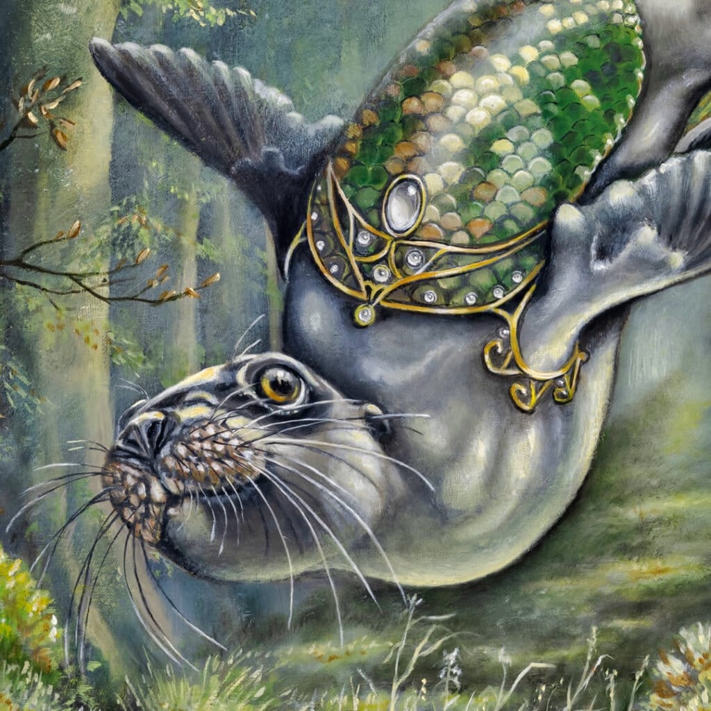 The One That Got Away... painted by renowned UK fantasy artist Ann Richmond, is a beautiful and enigmatic piece of fantasy art featuring an airborne sealion as she collects balloons in a magical forest... Part of the Otherwurlde Collection—and created in collaboration with writer Gary Hyland—the piece transports viewers into a magical realm where armoured animals and evocative narratives come to life. Offered as affordable art with story, collectors can choose between the original artwork and an exclusive range of fine-art prints. Discover the enchantment at Otherwurlde.com.