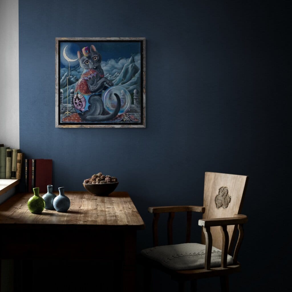 Mystic Mog, painted by renowned UK fantasy artist Ann Richmond, is a mysterious and charming piece of fantasy art featuring a fortune-telling Black Cat who may not be as clever as she thinks! Part of the Otherwurlde Collection—and created in collaboration with writer Gary Hyland—the piece transports viewers into a magical realm where armoured animals and evocative narratives come to life. Offered as affordable art with story, collectors can choose between the original artwork and an exclusive range of fine-art prints. Discover the enchantment at Otherwurlde.com.