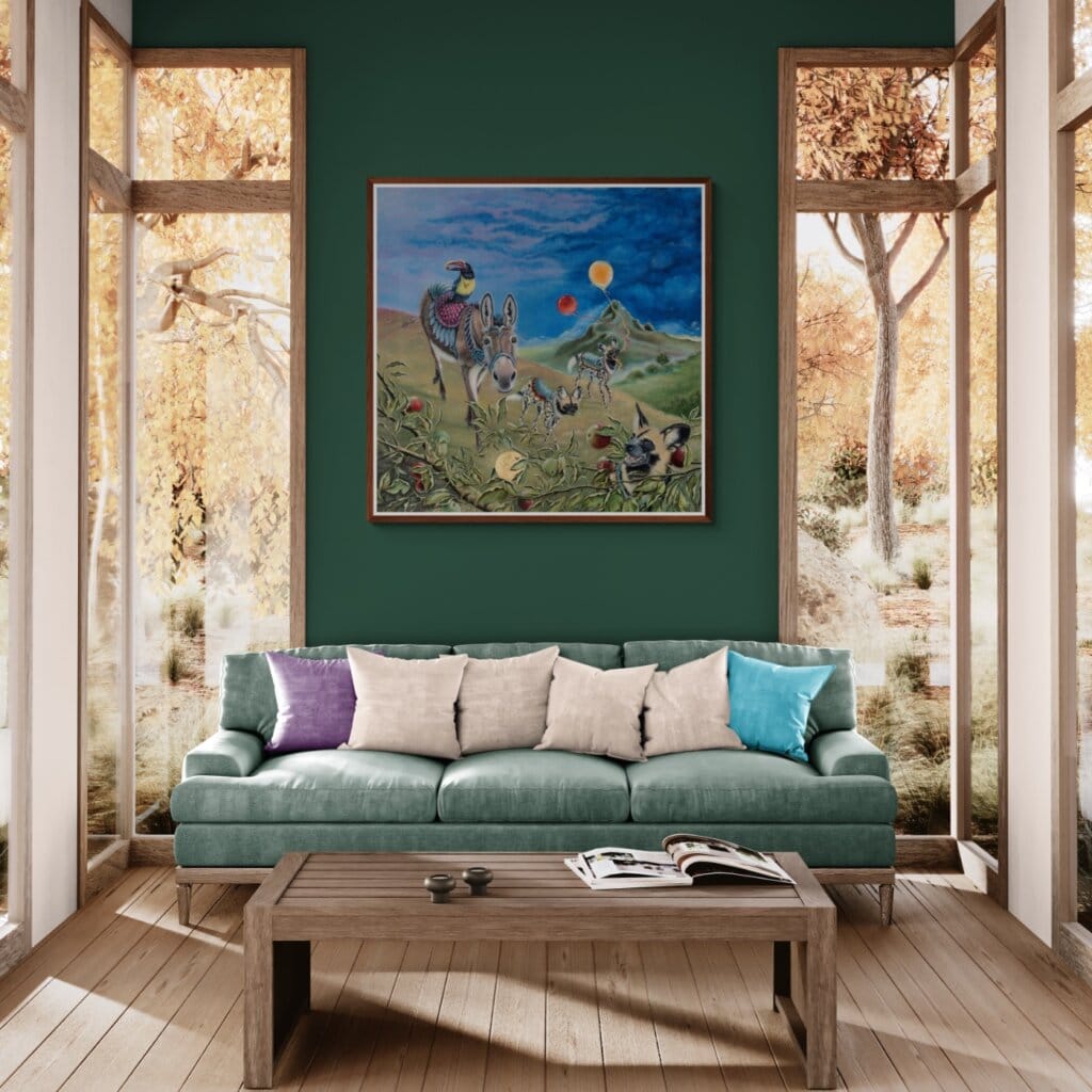 Golden Delicious, painted by renowned UK fantasy artist Ann Richmond, is a mysterious and endearing piece of fantasy art featuring a wisdom-seeking donkey in the company of a pack of painted wolves (wild dogs). Part of the Otherwurlde Collection—and created in collaboration with writer Gary Hyland—the piece transports viewers into a magical realm where armoured animals and evocative narratives come to life. Offered as affordable art with story, collectors can choose between the original artwork and an exclusive range of fine-art prints. Discover the enchantment at Otherwurlde.com.