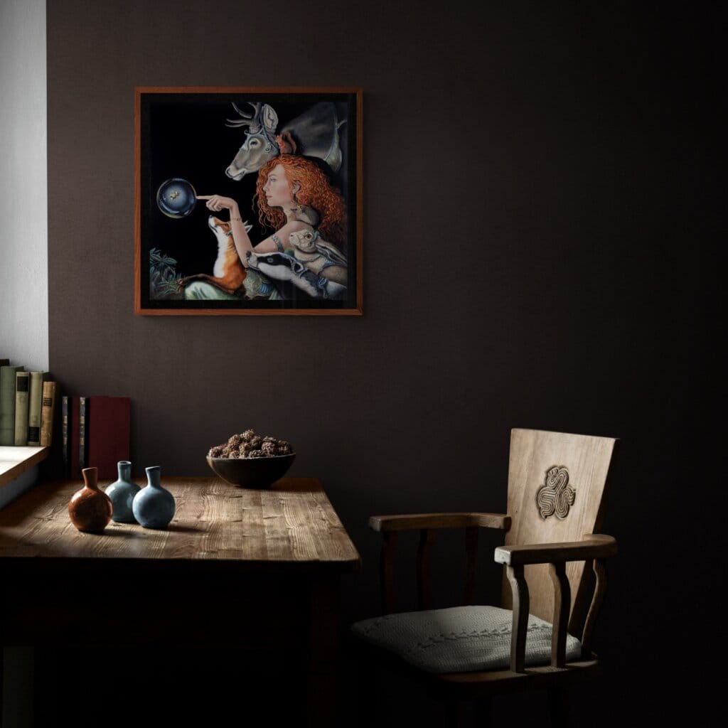 Enlightenment, painted by renowned UK fantasy artist Ann Richmond, is a dreamlike and inspirational piece of fantasy art featuring a dryad and her companions as she receives wisdom from a bee. Part of the Otherwurlde Collection—and created in collaboration with writer Gary Hyland—the piece transports viewers into a magical realm where armoured animals and evocative narratives come to life. Offered as affordable art with story, collectors can choose between the original artwork and an exclusive range of fine-art prints. Discover the enchantment at Otherwurlde.com.