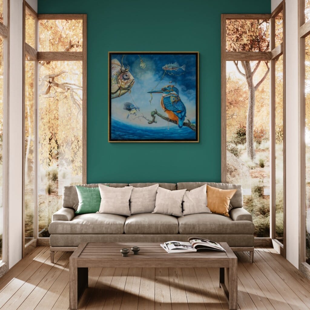 A Bigger Fish, painted by renowned UK fantasy artist Ann Richmond, is a whimsical and inspirational piece of fantasy art featuring a kingfisher and his pet stickleback as they contemplate the arrival of a humble blue-tit with its enormous carp! Part of the Otherwurlde Collection—and created in collaboration with writer Gary Hyland—the piece transports viewers into a magical realm where armoured animals and evocative narratives come to life. Offered as affordable art with story, collectors can choose between the original artwork and an exclusive range of fine-art prints. Discover the enchantment at Otherwurlde.com.