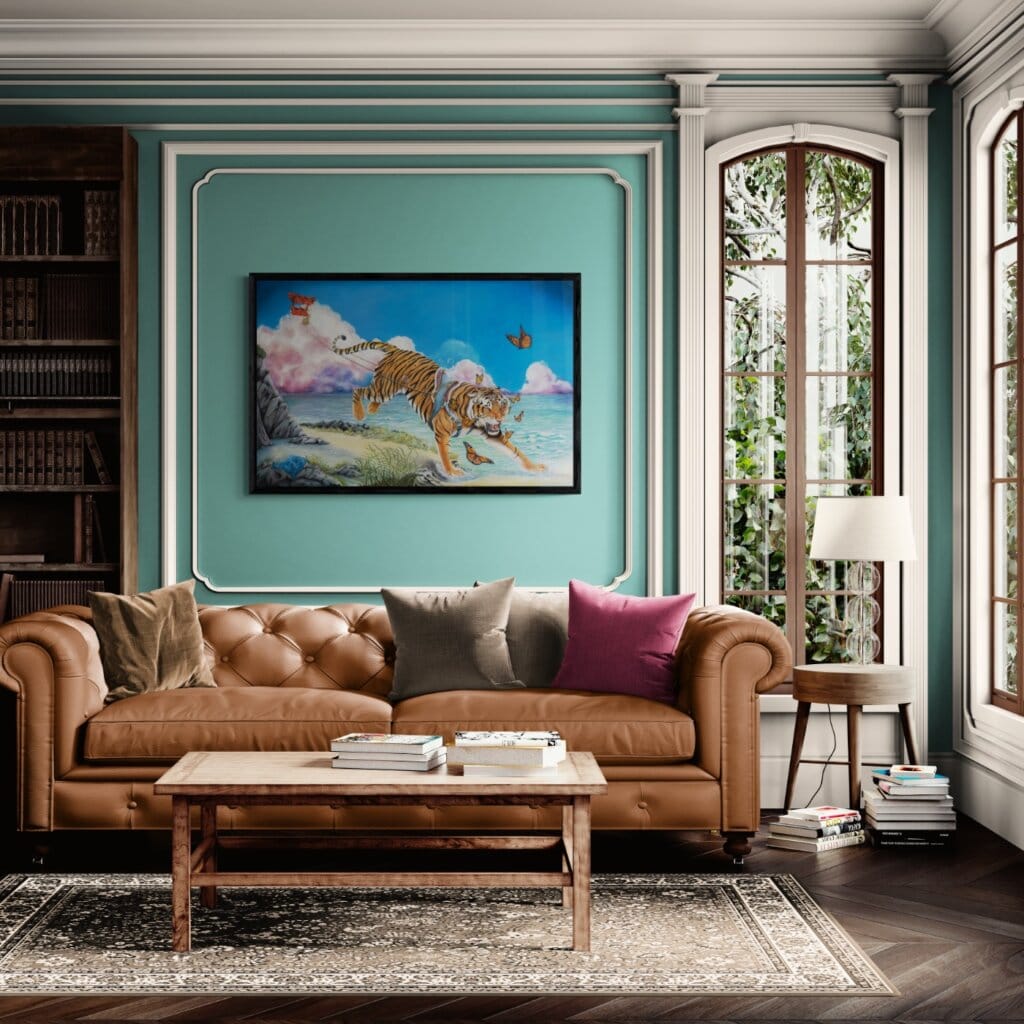 A Great Leap Forward, painted by renowned UK fantasy artist Ann Richmond, is an inspirational and wondrous piece of fantasy art featuring a tiger racing along the beach to keep a special kite aloft. Part of the Otherwurlde Collection—and created in collaboration with writer Gary Hyland—the piece transports viewers into a magical realm where armoured animals and evocative narratives come to life. Offered as affordable art with story, collectors can choose between the original artwork and an exclusive range of fine-art prints. Discover the enchantment at Otherwurlde.com.