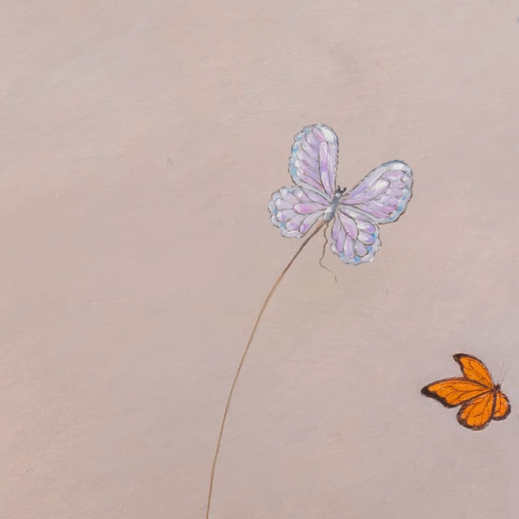 Approach is the first painting in Ann Richmond's From Whispers to Wings triptych, introducing a young woman in quiet contemplation as she begins a journey of self-discovery. Surrounded by a cloud of monarch butterflies, a hidden blue butterfly symbolises a yet-unfound idea amidst Otherwurlde—a fabled realm of armoured animals and their stories. Created by UK fantasy artist Ann Richmond, this dreamlike artwork evokes themes of inspiration and inner clarity. Discover the Original Work & Fine-Art Prints at Otherwurlde.com.