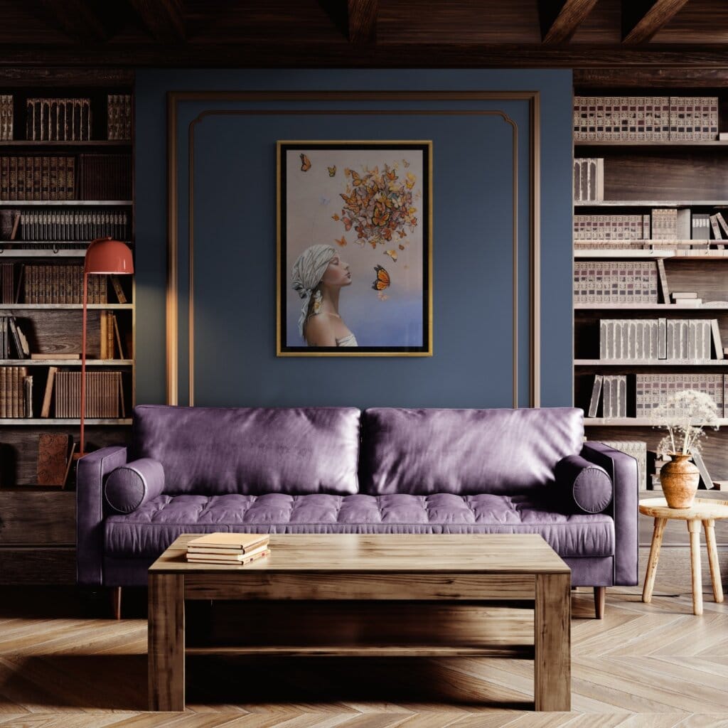 Arrival is the second painting in Ann Richmond's From Whispers to Wings triptych. The young woman, now more assured, finds the blue butterfly—a symbol of inspiration—on her shoulder, while a turban encircled by monarch butterflies reflects her inner contemplation. This piece, set in the magical Otherwurlde, conveys the beauty of recognising and considering one’s own insight. Part of the Otherwurlde Collection, this fantasy art limited edition piece—conceived by renowned UK fantasy artist Ann Richmond and writer Gary Hyland—transports viewers into a magical realm where armoured animals and evocative narratives come to life. Offered as affordable art with story, collectors can choose between the original artwork and an exclusive range of fine-art prints. Discover the enchantment at Otherwurlde.com.