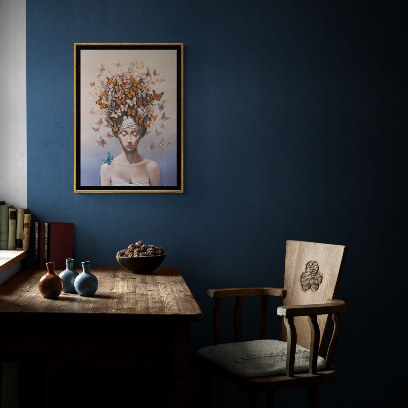 Arrival is the second painting in Ann Richmond's From Whispers to Wings triptych. The young woman, now more assured, finds the blue butterfly—a symbol of inspiration—on her shoulder, while a turban encircled by monarch butterflies reflects her inner contemplation. This piece, set in the magical Otherwurlde, conveys the beauty of recognising and considering one’s own insight. Created by UK fantasy artist Ann Richmond, this artwork speaks to the themes of inspiration and self-reflection. Discover the Original Work & Fine-Art Prints at Otherwurlde.com.