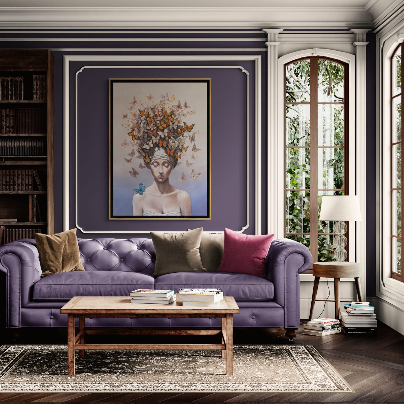 Arrival is the second painting in Ann Richmond's From Whispers to Wings triptych. The young woman, now more assured, finds the blue butterfly—a symbol of inspiration—on her shoulder, while a turban encircled by monarch butterflies reflects her inner contemplation. This piece, set in the magical Otherwurlde, conveys the beauty of recognising and considering one’s own insight. Created by UK fantasy artist Ann Richmond, this artwork speaks to the themes of inspiration and self-reflection. Discover the Original Work & Fine-Art Prints at Otherwurlde.com.