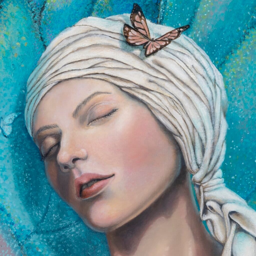 Ascension, the final painting in Ann Richmond's From Whispers to Wings triptych, captures the transformative moment of full acceptance as the young woman’s blue butterfly transforms into ethereal wings. Surrounded by a vibrant assembly of monarchs, she emerges with a sense of clarity, embodying her chosen path within Otherwurlde’s mythical setting. Created by UK fantasy artist Ann Richmond, this artwork celebrates inspiration’s fulfilment. Discover the Original Work & Fine-Art Prints at Otherwurlde.com.
