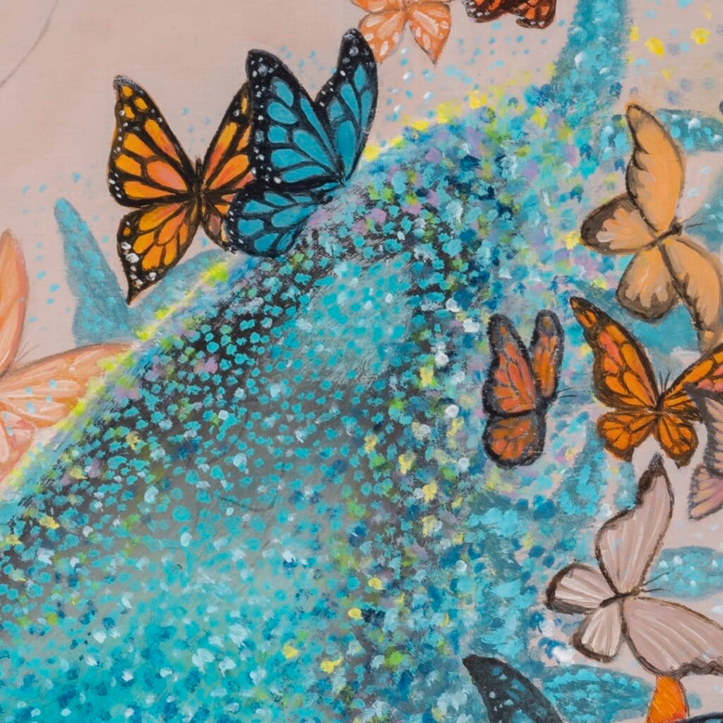 Ascension, the final painting in Ann Richmond's From Whispers to Wings triptych, captures the transformative moment of full acceptance as the young woman’s blue butterfly transforms into ethereal wings. Surrounded by a vibrant assembly of monarchs, she emerges with a sense of clarity, embodying her chosen path within Otherwurlde’s mythical setting. Created by UK fantasy artist Ann Richmond, this artwork celebrates inspiration’s fulfilment. Discover the Original Work & Fine-Art Prints at Otherwurlde.com.