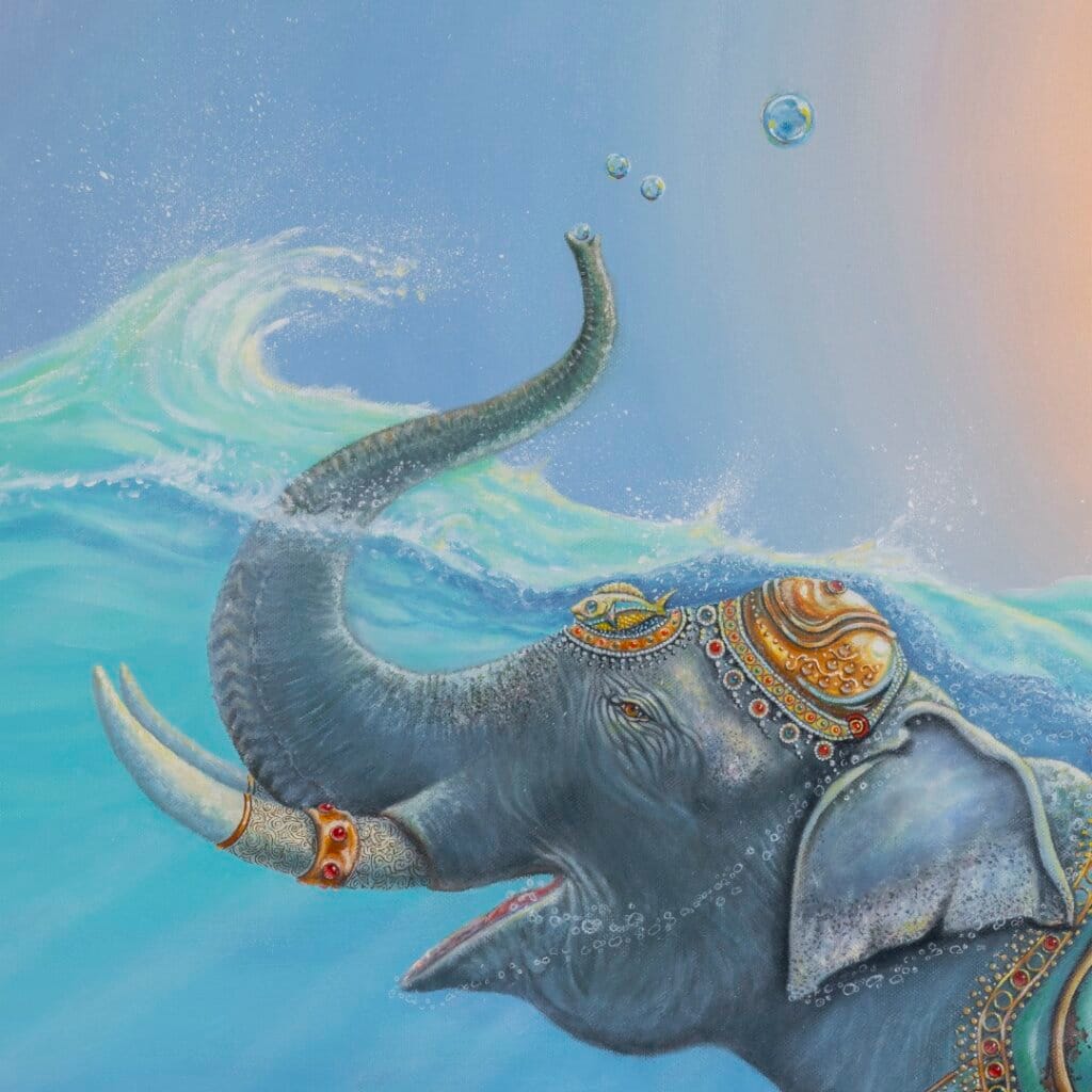 Follow the Leader? by Ann Richmond - A Painting of an Indian Elephant, swimming towards shore, whilst followed by a mixed shoal of tropical fish. Painted in the artist's unique style... Framing available. This artwork emerges from the Otherwurlde: our fantastical realm of armoured animals, where every image invites the viewer to uncover its hidden story & deeper meaning. Explore both Original Artworks & Fine-Art Prints at Otherwurlde.com.