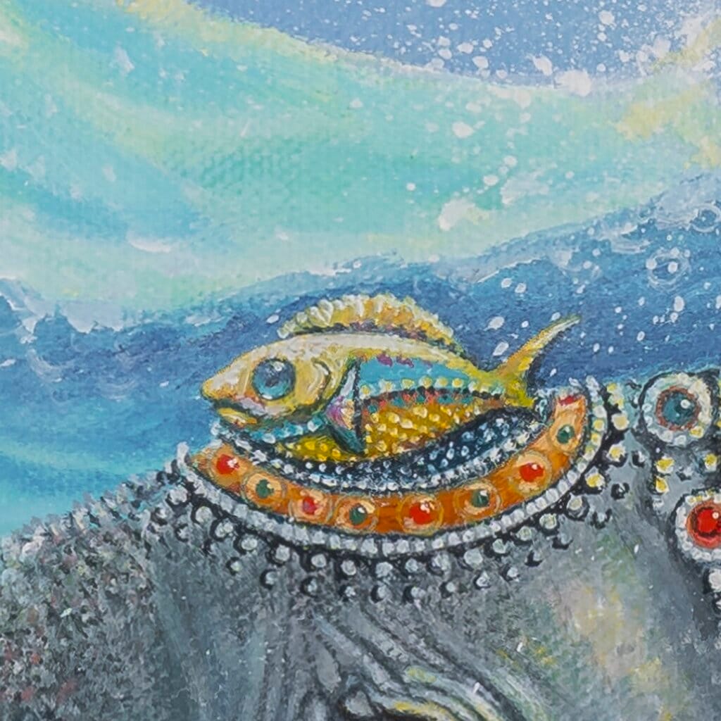 Follow the Leader? by Ann Richmond - A Painting of an Indian Elephant, swimming towards shore, whilst followed by a mixed shoal of tropical fish. Painted in the artist's unique style... Framing available. This artwork emerges from the Otherwurlde: our fantastical realm of armoured animals, where every image invites the viewer to uncover its hidden story & deeper meaning. Explore both Original Artworks & Fine-Art Prints at Otherwurlde.com.