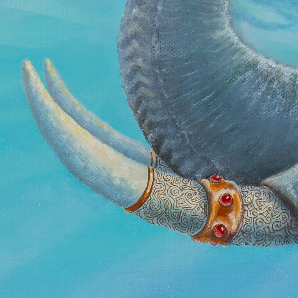 Follow the Leader? by Ann Richmond - A Painting of an Indian Elephant, swimming towards shore, whilst followed by a mixed shoal of tropical fish. Painted in the artist's unique style... Framing available. This artwork emerges from the Otherwurlde: our fantastical realm of armoured animals, where every image invites the viewer to uncover its hidden story & deeper meaning. Explore both Original Artworks & Fine-Art Prints at Otherwurlde.com.