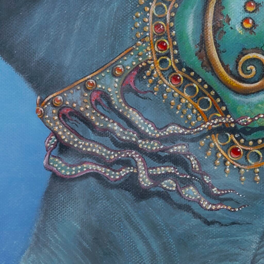 Follow the Leader? by Ann Richmond - A Painting of an Indian Elephant, swimming towards shore, whilst followed by a mixed shoal of tropical fish. Painted in the artist's unique style... Framing available. This artwork emerges from the Otherwurlde: our fantastical realm of armoured animals, where every image invites the viewer to uncover its hidden story & deeper meaning. Explore both Original Artworks & Fine-Art Prints at Otherwurlde.com.