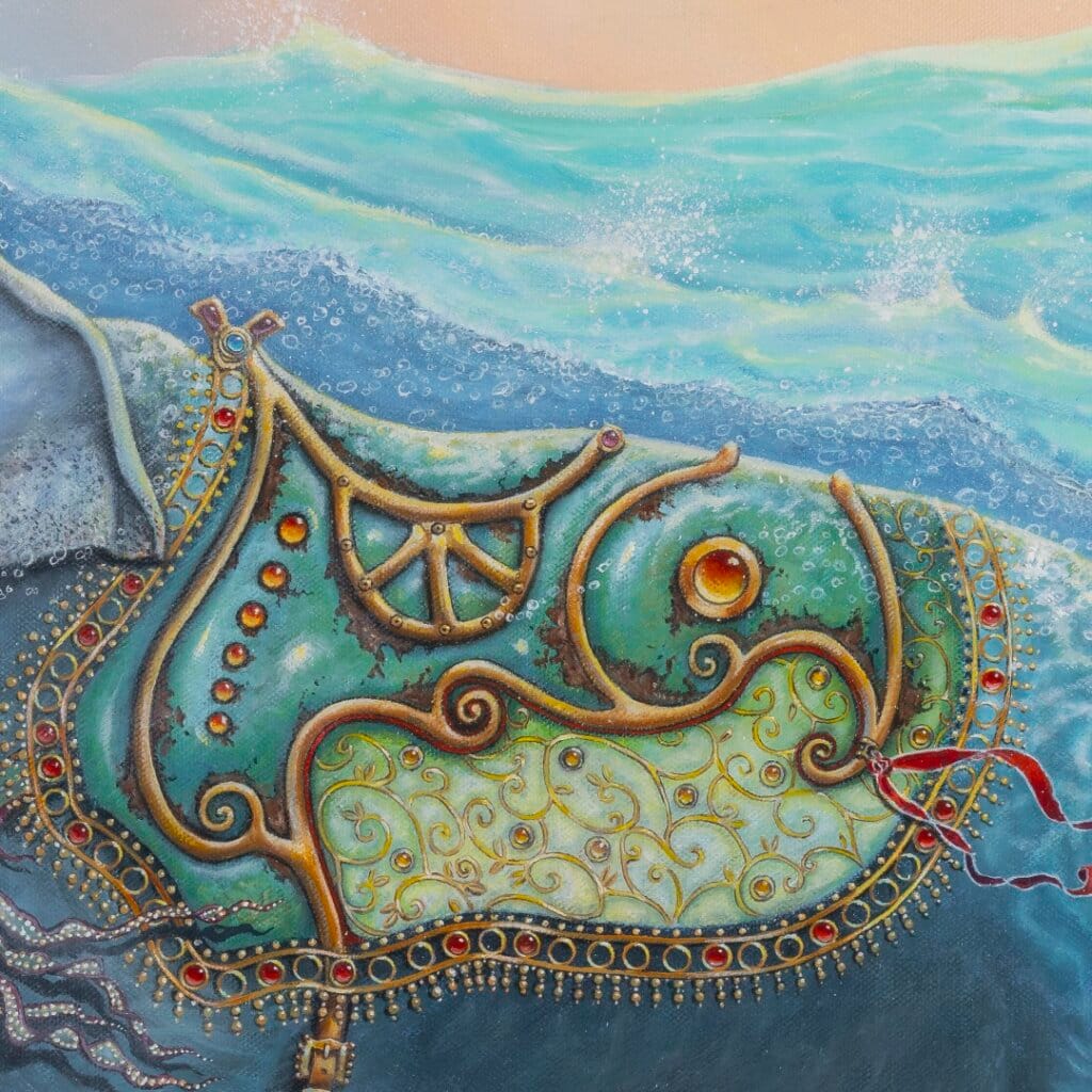 Follow the Leader? by Ann Richmond - A Painting of an Indian Elephant, swimming towards shore, whilst followed by a mixed shoal of tropical fish. Painted in the artist's unique style... Framing available. This artwork emerges from the Otherwurlde: our fantastical realm of armoured animals, where every image invites the viewer to uncover its hidden story & deeper meaning. Explore both Original Artworks & Fine-Art Prints at Otherwurlde.com.