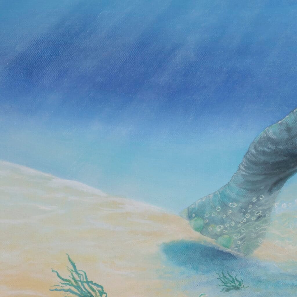 Follow the Leader? by Ann Richmond - A Painting of an Indian Elephant, swimming towards shore, whilst followed by a mixed shoal of tropical fish. Painted in the artist's unique style... Framing available. This artwork emerges from the Otherwurlde: our fantastical realm of armoured animals, where every image invites the viewer to uncover its hidden story & deeper meaning. Explore both Original Artworks & Fine-Art Prints at Otherwurlde.com.