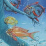 Follow the Leader?, painted by renowned UK fantasy artist Ann Richmond, is a provocative and stunning piece of fantasy art featuring a happy Indian elephant swimming towards shore whilst followed by a mixed shoal of tropical fish. Part of the Otherwurlde Collection—and created in collaboration with writer Gary Hyland—the piece transports viewers into a magical realm where armoured animals and evocative narratives come to life. Offered as affordable art with story, collectors can choose between the original artwork and an exclusive range of fine-art prints. Discover the enchantment at Otherwurlde.com.