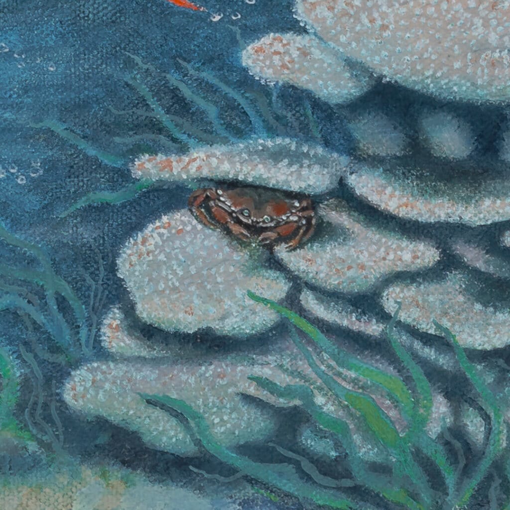 Follow the Leader? by Ann Richmond - A Painting of an Indian Elephant, swimming towards shore, whilst followed by a mixed shoal of tropical fish. Painted in the artist's unique style... Framing available. This artwork emerges from the Otherwurlde: our fantastical realm of armoured animals, where every image invites the viewer to uncover its hidden story & deeper meaning. Explore both Original Artworks & Fine-Art Prints at Otherwurlde.com.