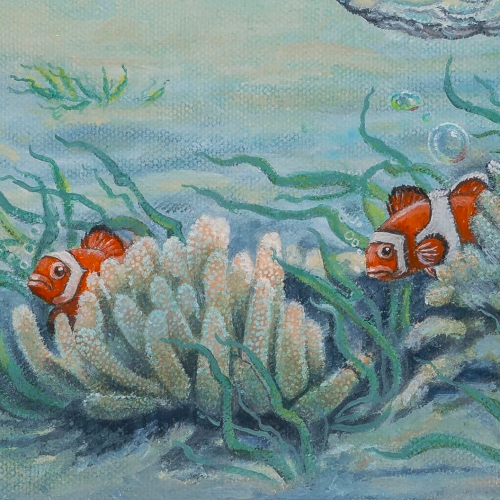 Follow the Leader? by Ann Richmond - A Painting of an Indian Elephant, swimming towards shore, whilst followed by a mixed shoal of tropical fish. Painted in the artist's unique style... Framing available. This artwork emerges from the Otherwurlde: our fantastical realm of armoured animals, where every image invites the viewer to uncover its hidden story & deeper meaning. Explore both Original Artworks & Fine-Art Prints at Otherwurlde.com.