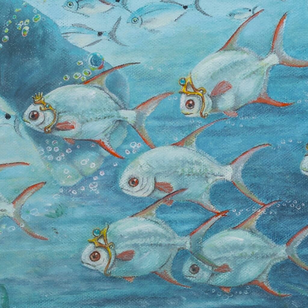 Follow the Leader? by Ann Richmond - A Painting of an Indian Elephant, swimming towards shore, whilst followed by a mixed shoal of tropical fish. Painted in the artist's unique style... Framing available. This artwork emerges from the Otherwurlde: our fantastical realm of armoured animals, where every image invites the viewer to uncover its hidden story & deeper meaning. Explore both Original Artworks & Fine-Art Prints at Otherwurlde.com.