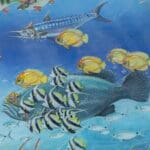 Follow the Leader?, painted by renowned UK fantasy artist Ann Richmond, is a provocative and stunning piece of fantasy art featuring a happy Indian elephant swimming towards shore whilst followed by a mixed shoal of tropical fish. Part of the Otherwurlde Collection—and created in collaboration with writer Gary Hyland—the piece transports viewers into a magical realm where armoured animals and evocative narratives come to life. Offered as affordable art with story, collectors can choose between the original artwork and an exclusive range of fine-art prints. Discover the enchantment at Otherwurlde.com.