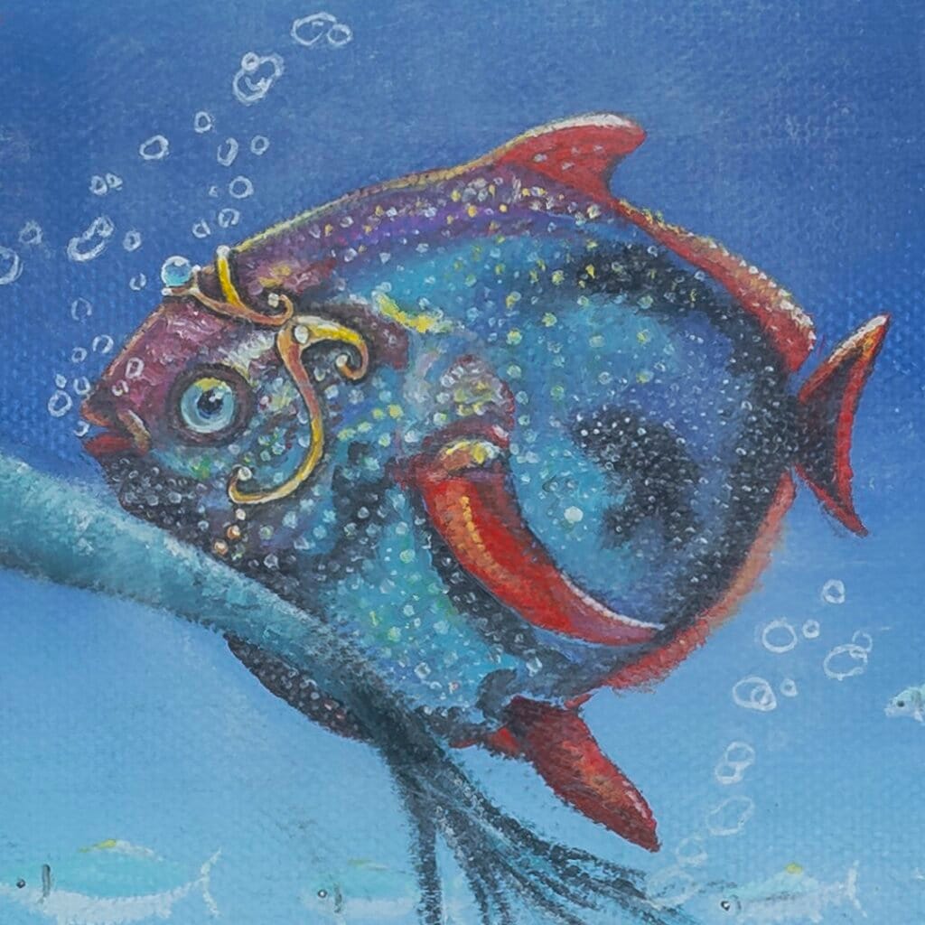 Follow the Leader? by Ann Richmond - A Painting of an Indian Elephant, swimming towards shore, whilst followed by a mixed shoal of tropical fish. Painted in the artist's unique style... Framing available. This artwork emerges from the Otherwurlde: our fantastical realm of armoured animals, where every image invites the viewer to uncover its hidden story & deeper meaning. Explore both Original Artworks & Fine-Art Prints at Otherwurlde.com.