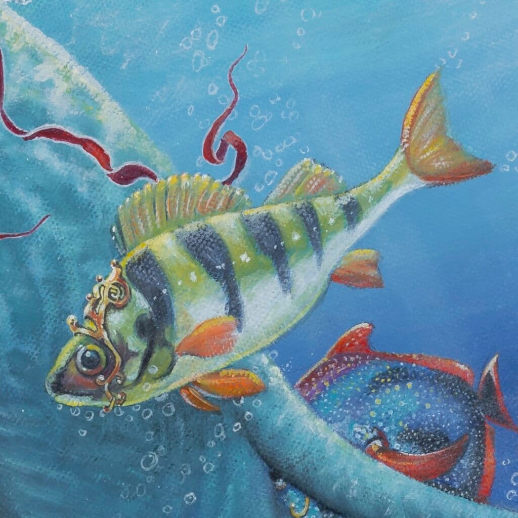 Follow the Leader? by Ann Richmond - A Painting of an Indian Elephant, swimming towards shore, whilst followed by a mixed shoal of tropical fish. Painted in the artist's unique style... Framing available. This artwork emerges from the Otherwurlde: our fantastical realm of armoured animals, where every image invites the viewer to uncover its hidden story & deeper meaning. Explore both Original Artworks & Fine-Art Prints at Otherwurlde.com.