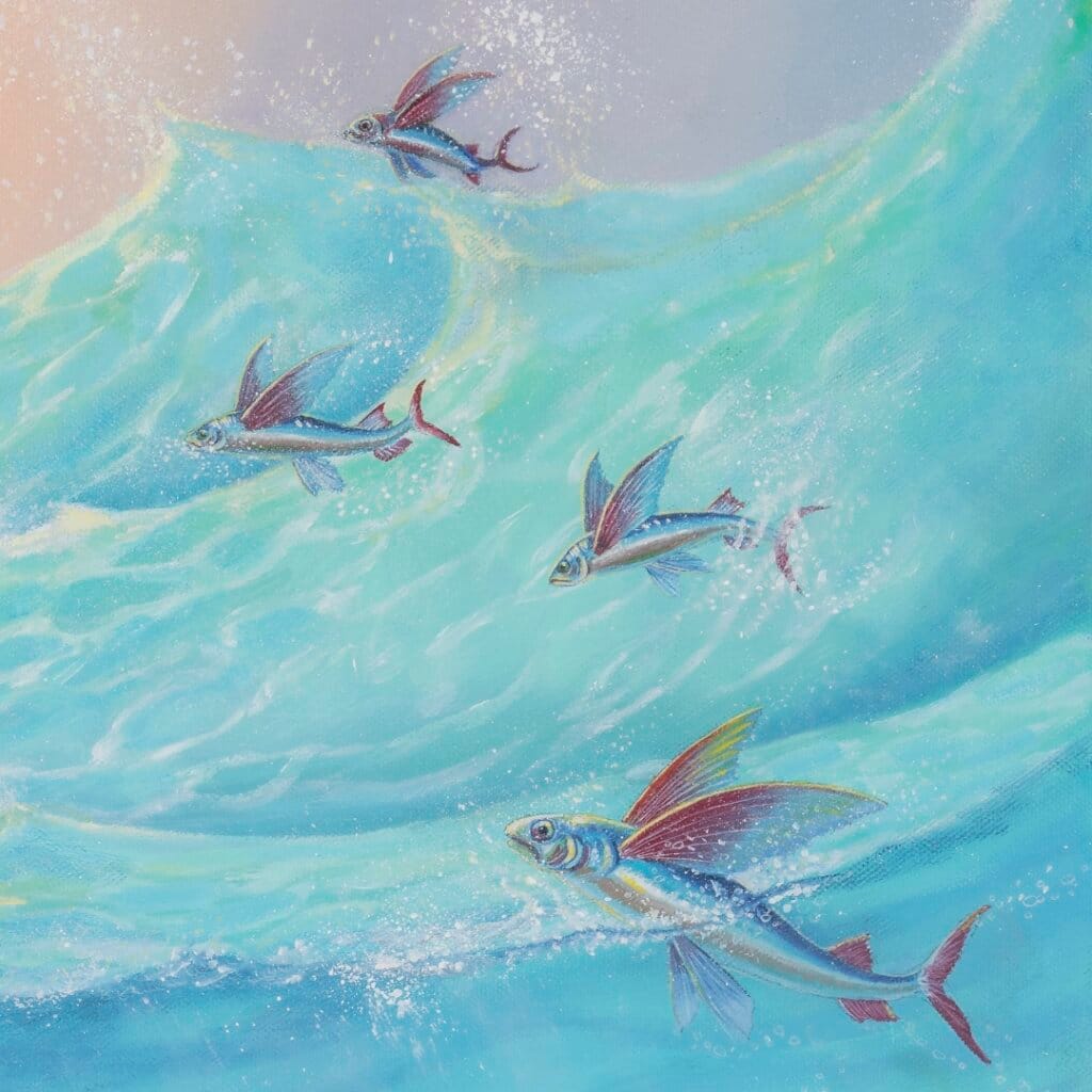 Follow the Leader? by Ann Richmond - A Painting of an Indian Elephant, swimming towards shore, whilst followed by a mixed shoal of tropical fish. Painted in the artist's unique style... Framing available. This artwork emerges from the Otherwurlde: our fantastical realm of armoured animals, where every image invites the viewer to uncover its hidden story & deeper meaning. Explore both Original Artworks & Fine-Art Prints at Otherwurlde.com.