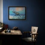 Follow the Leader?, painted by renowned UK fantasy artist Ann Richmond, is a provocative and stunning piece of fantasy art featuring a happy Indian elephant swimming towards shore whilst followed by a mixed shoal of tropical fish. Part of the Otherwurlde Collection—and created in collaboration with writer Gary Hyland—the piece transports viewers into a magical realm where armoured animals and evocative narratives come to life. Offered as affordable art with story, collectors can choose between the original artwork and an exclusive range of fine-art prints. Discover the enchantment at Otherwurlde.com.