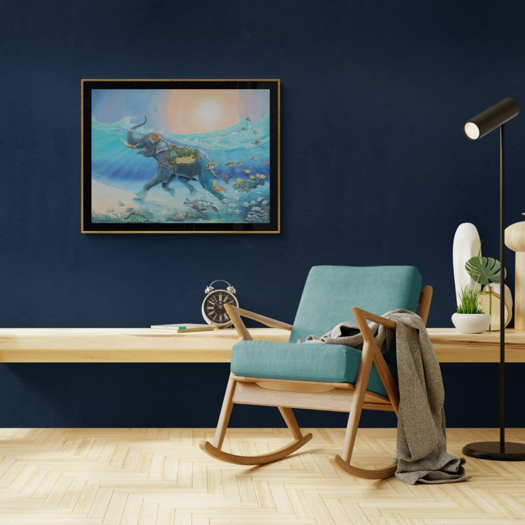 Follow the Leader?, painted by renowned UK fantasy artist Ann Richmond, is a provocative and stunning piece of fantasy art featuring a happy Indian elephant swimming towards shore whilst followed by a mixed shoal of tropical fish. Part of the Otherwurlde Collection—and created in collaboration with writer Gary Hyland—the piece transports viewers into a magical realm where armoured animals and evocative narratives come to life. Offered as affordable art with story, collectors can choose between the original artwork and an exclusive range of fine-art prints. Discover the enchantment at Otherwurlde.com.