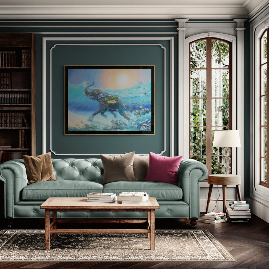 Follow the Leader?, painted by renowned UK fantasy artist Ann Richmond, is a provocative and stunning piece of fantasy art featuring a happy Indian elephant swimming towards shore whilst followed by a mixed shoal of tropical fish. Part of the Otherwurlde Collection—and created in collaboration with writer Gary Hyland—the piece transports viewers into a magical realm where armoured animals and evocative narratives come to life. Offered as affordable art with story, collectors can choose between the original artwork and an exclusive range of fine-art prints. Discover the enchantment at Otherwurlde.com.