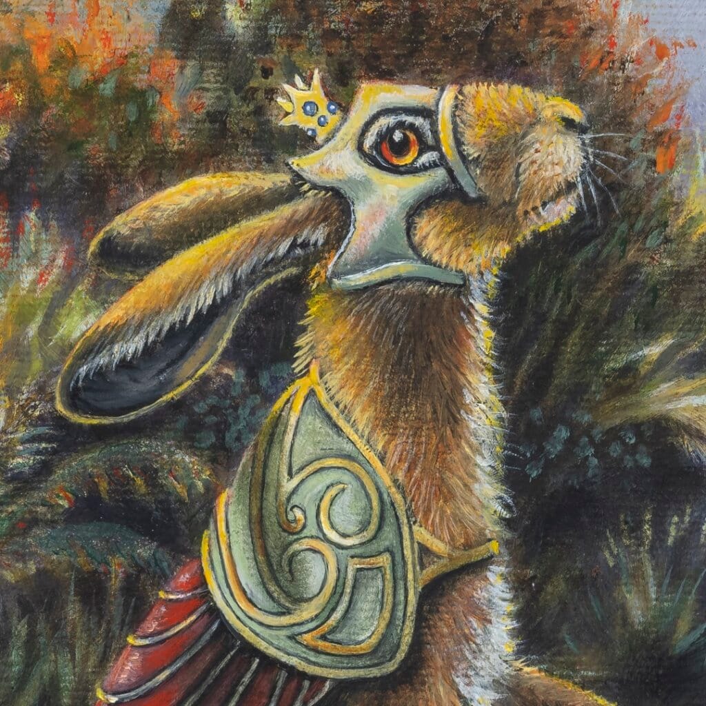 Pilgrim's Gather... painted by renowned UK fantasy artist Ann Richmond, is set in a rich, Autumnal woodland and introduces three companions on a journey of perseverance and spiritual awakening. Part of the Otherwurlde Collection, this artwork invites viewers into a fabled realm of armoured animals and hidden tales. Discover both the original work and fine-art prints of this enchanting piece at Otherwurlde.com.