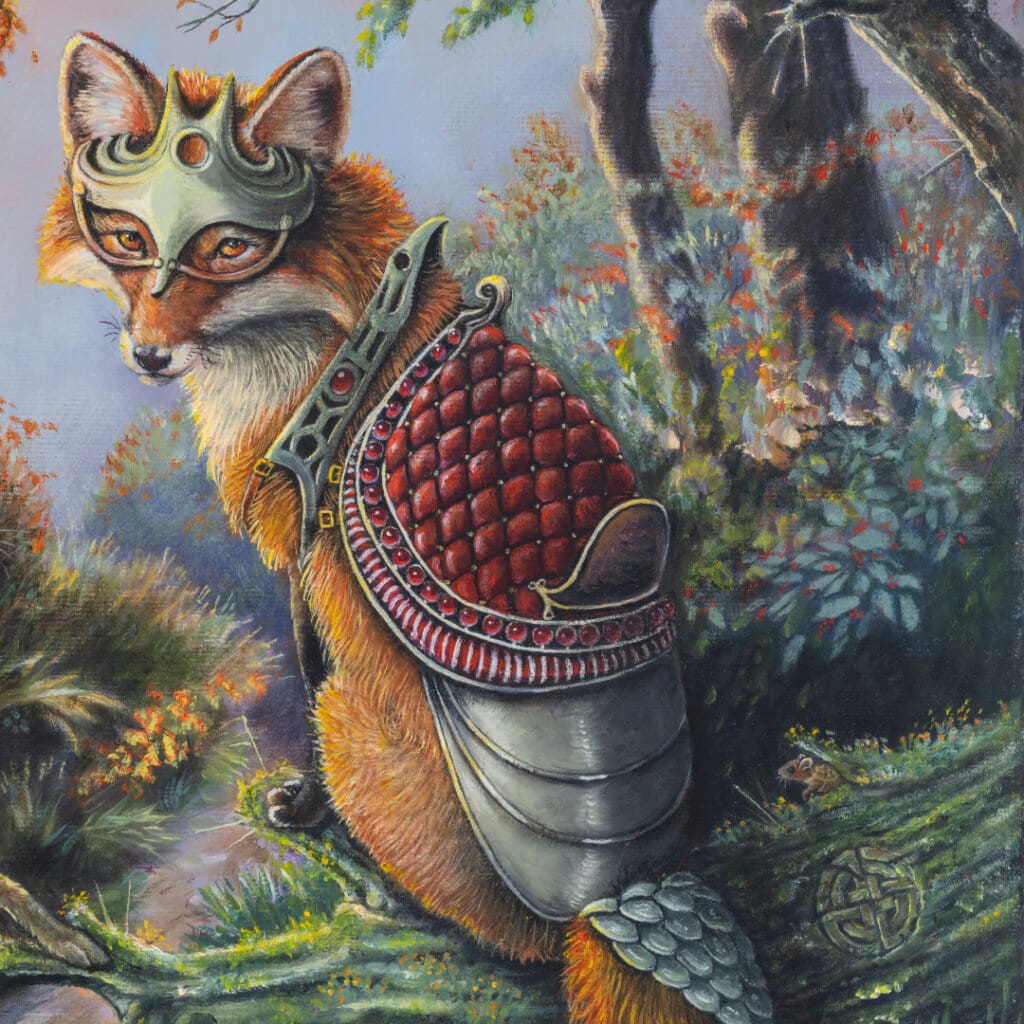 Pilgrim's Gather... painted by renowned UK fantasy artist Ann Richmond, is set in a rich, Autumnal woodland and introduces three companions on a journey of perseverance and spiritual awakening. Part of the Otherwurlde Collection, this artwork invites viewers into a fabled realm of armoured animals and hidden tales. Discover both the original work and fine-art prints of this enchanting piece at Otherwurlde.com.