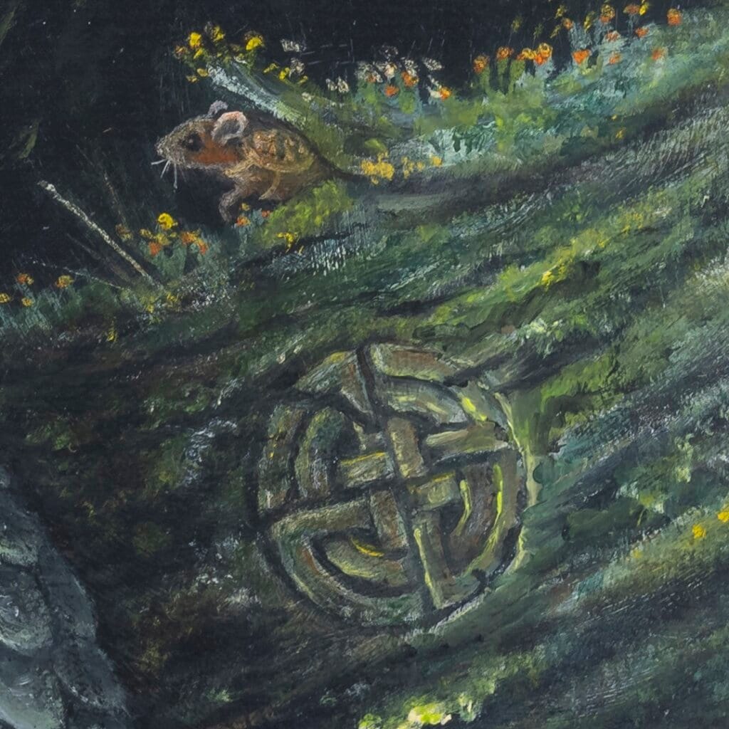 Pilgrim's Gather... painted by renowned UK fantasy artist Ann Richmond, is set in a rich, Autumnal woodland and introduces three companions on a journey of perseverance and spiritual awakening. Part of the Otherwurlde Collection, this artwork invites viewers into a fabled realm of armoured animals and hidden tales. Discover both the original work and fine-art prints of this enchanting piece at Otherwurlde.com.