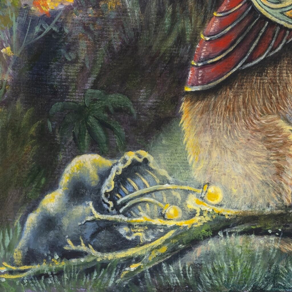 Pilgrim's Gather... painted by renowned UK fantasy artist Ann Richmond, is set in a rich, Autumnal woodland and introduces three companions on a journey of perseverance and spiritual awakening. Part of the Otherwurlde Collection, this artwork invites viewers into a fabled realm of armoured animals and hidden tales. Discover both the original work and fine-art prints of this enchanting piece at Otherwurlde.com.