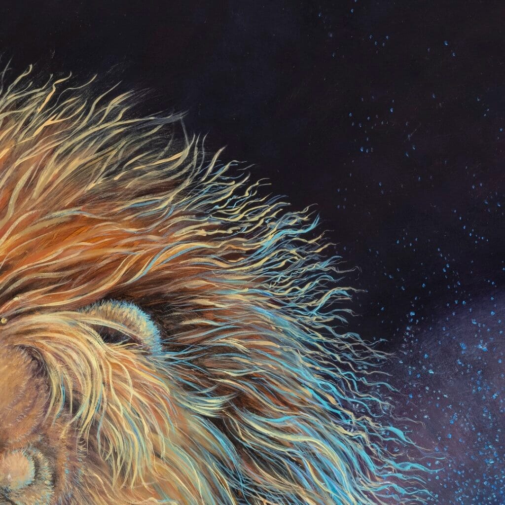 The Seed and the Flame... painted by renowned UK fantasy artist Ann Richmond, features a brave hedgehog as it presents an acorn to a gentle lion, in a scene rich with symbolism and emotion. Part of the Otherwurlde Collection, this artwork invites viewers into a fabled realm of armoured animals and hidden tales. Discover both the original work and fine-art prints of this enchanting piece at Otherwurlde.com.