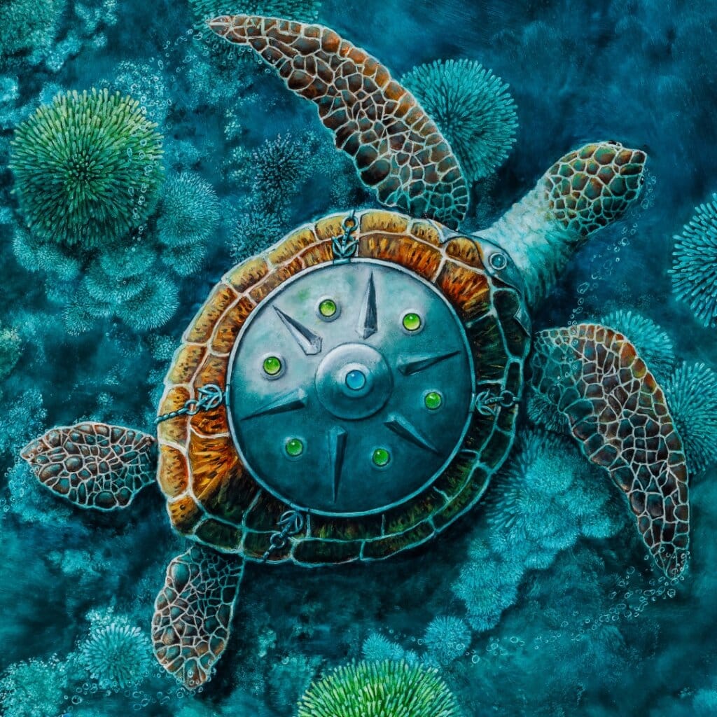 Steady As We Go... painted by renowned UK fantasy artist Ann Richmond, features a Green Sea Turtle as it 'flies' over a submerged cliff, in good company. In a scene rich with symbolism and emotion, it reinforces the notion that we're never alone; that any difficulty can be shared. Part of the Otherwurlde Collection—and created in collaboration with writer Gary Hyland—the piece transports viewers into a magical realm where armoured animals and evocative narratives come to life. Offered as affordable art with story, collectors can choose between the original artwork and an exclusive range of fine-art prints. Discover the enchantment at Otherwurlde.com.