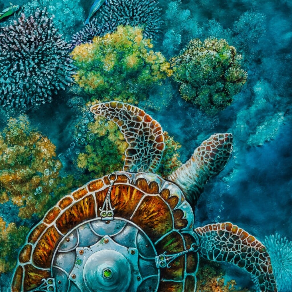 Steady As We Go... painted by renowned UK fantasy artist Ann Richmond, features a Green Sea Turtle as it 'flies' over a submerged cliff, in good company. In a scene rich with symbolism and emotion, it reinforces the notion that we're never alone; that any difficulty can be shared. Part of the Otherwurlde Collection—and created in collaboration with writer Gary Hyland—the piece transports viewers into a magical realm where armoured animals and evocative narratives come to life. Offered as affordable art with story, collectors can choose between the original artwork and an exclusive range of fine-art prints. Discover the enchantment at Otherwurlde.com.