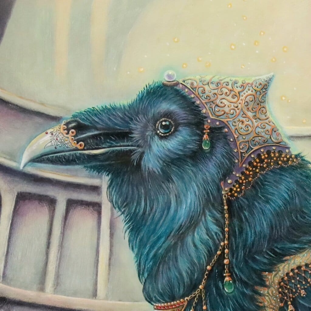 Ravensong… painted by UK fantasy artist Ann Richmond, presents a striking raven at rest within the scribing hall of the Otherwurlde. Usually intent on engraving guidance upon the legendary Pearls of Wisdom, here it pauses—head cocked, beak poised—as though weighing what the next rune should reveal. A golden shaft of light illuminates the shelves and urns around it, symbols of the knowledge entrusted to this enigmatic guardian. The painting reflects an old truth: a bird does not sing because it has an answer, but because it has a song. In this moment of stillness, the raven’s presence suggests that wisdom lies not in final answers, but in the ongoing song itself—the search, the patience, the story unfolding. Part of the Otherwurlde Collection—created in collaboration with writer Gary Hyland—Ravensong invites collectors into a world where armoured animals and hidden narratives converge. Available as the original artwork and in a limited range of fine-art prints. Discover more at Otherwurlde.com.