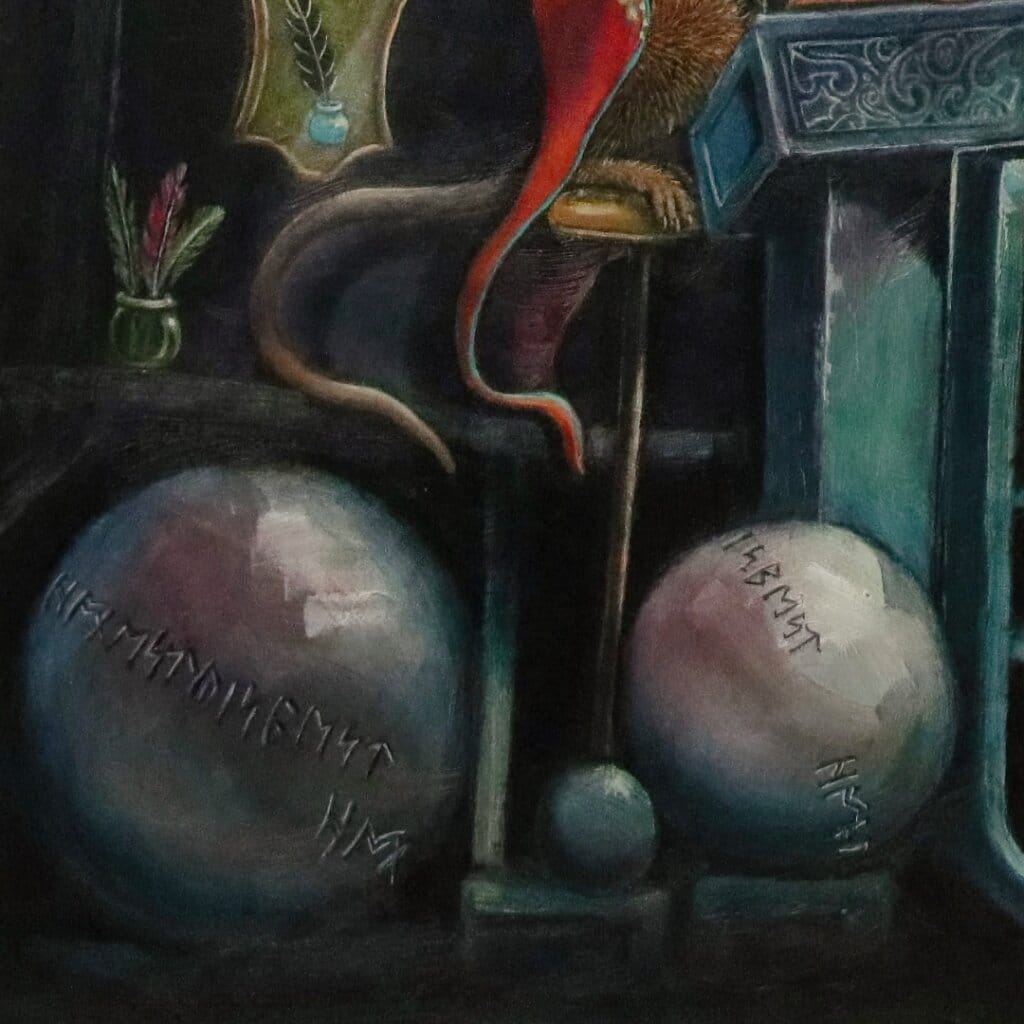 Ravensong… painted by UK fantasy artist Ann Richmond, presents a striking raven at rest within the scribing hall of the Otherwurlde. Usually intent on engraving guidance upon the legendary Pearls of Wisdom, here it pauses—head cocked, beak poised—as though weighing what the next rune should reveal. A golden shaft of light illuminates the shelves and urns around it, symbols of the knowledge entrusted to this enigmatic guardian. The painting reflects an old truth: a bird does not sing because it has an answer, but because it has a song. In this moment of stillness, the raven’s presence suggests that wisdom lies not in final answers, but in the ongoing song itself—the search, the patience, the story unfolding. Part of the Otherwurlde Collection—created in collaboration with writer Gary Hyland—Ravensong invites collectors into a world where armoured animals and hidden narratives converge. Available as the original artwork and in a limited range of fine-art prints. Discover more at Otherwurlde.com.