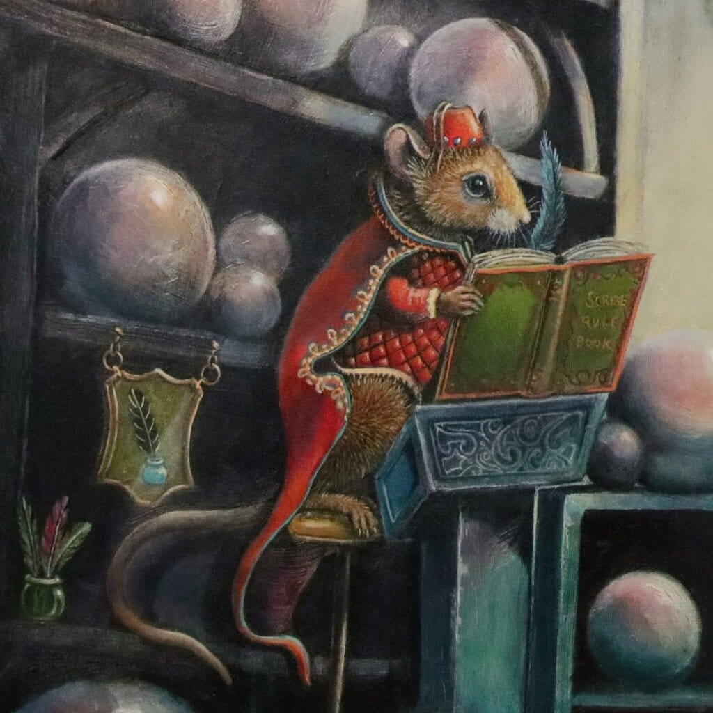 Ravensong… painted by UK fantasy artist Ann Richmond, presents a striking raven at rest within the scribing hall of the Otherwurlde. Usually intent on engraving guidance upon the legendary Pearls of Wisdom, here it pauses—head cocked, beak poised—as though weighing what the next rune should reveal. A golden shaft of light illuminates the shelves and urns around it, symbols of the knowledge entrusted to this enigmatic guardian. The painting reflects an old truth: a bird does not sing because it has an answer, but because it has a song. In this moment of stillness, the raven’s presence suggests that wisdom lies not in final answers, but in the ongoing song itself—the search, the patience, the story unfolding. Part of the Otherwurlde Collection—created in collaboration with writer Gary Hyland—Ravensong invites collectors into a world where armoured animals and hidden narratives converge. Available as the original artwork and in a limited range of fine-art prints. Discover more at Otherwurlde.com.