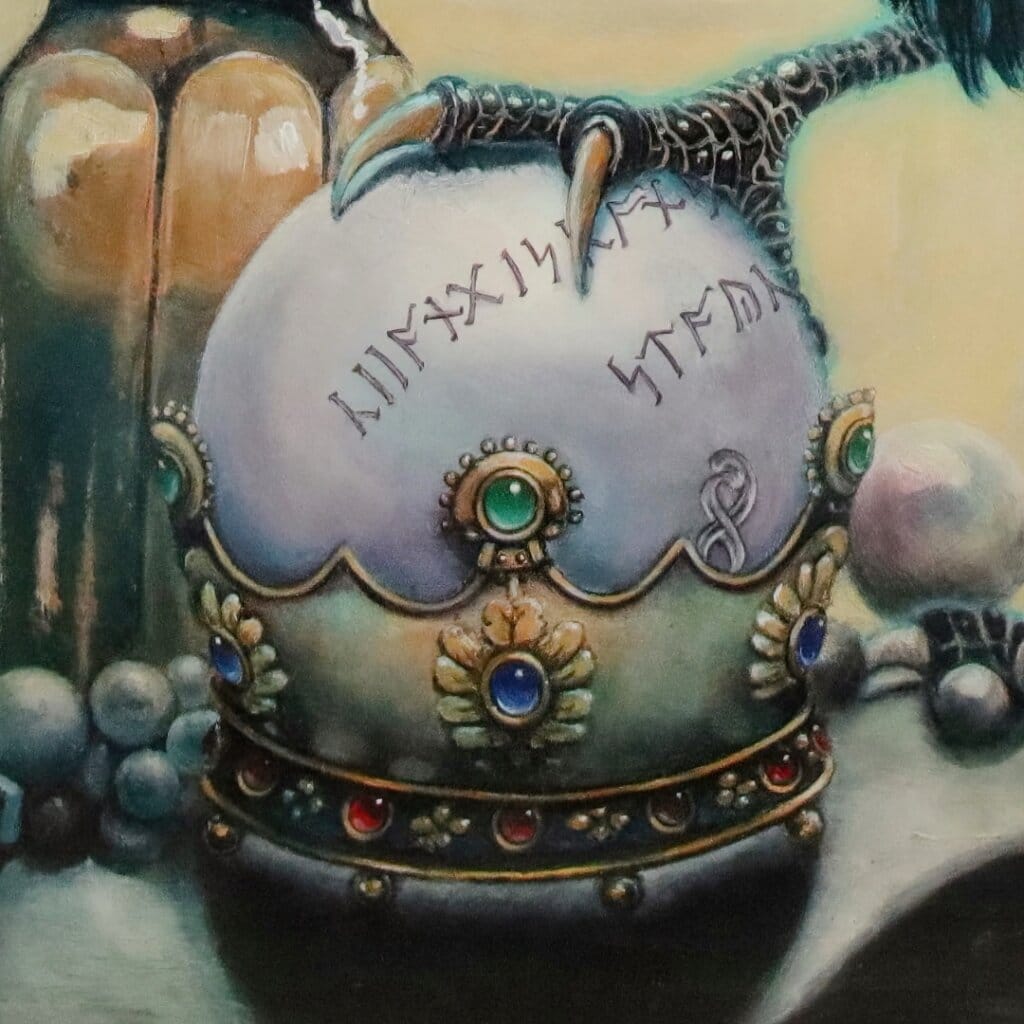 Ravensong… painted by UK fantasy artist Ann Richmond, presents a striking raven at rest within the scribing hall of the Otherwurlde. Usually intent on engraving guidance upon the legendary Pearls of Wisdom, here it pauses—head cocked, beak poised—as though weighing what the next rune should reveal. A golden shaft of light illuminates the shelves and urns around it, symbols of the knowledge entrusted to this enigmatic guardian. The painting reflects an old truth: a bird does not sing because it has an answer, but because it has a song. In this moment of stillness, the raven’s presence suggests that wisdom lies not in final answers, but in the ongoing song itself—the search, the patience, the story unfolding. Part of the Otherwurlde Collection—created in collaboration with writer Gary Hyland—Ravensong invites collectors into a world where armoured animals and hidden narratives converge. Available as the original artwork and in a limited range of fine-art prints. Discover more at Otherwurlde.com.