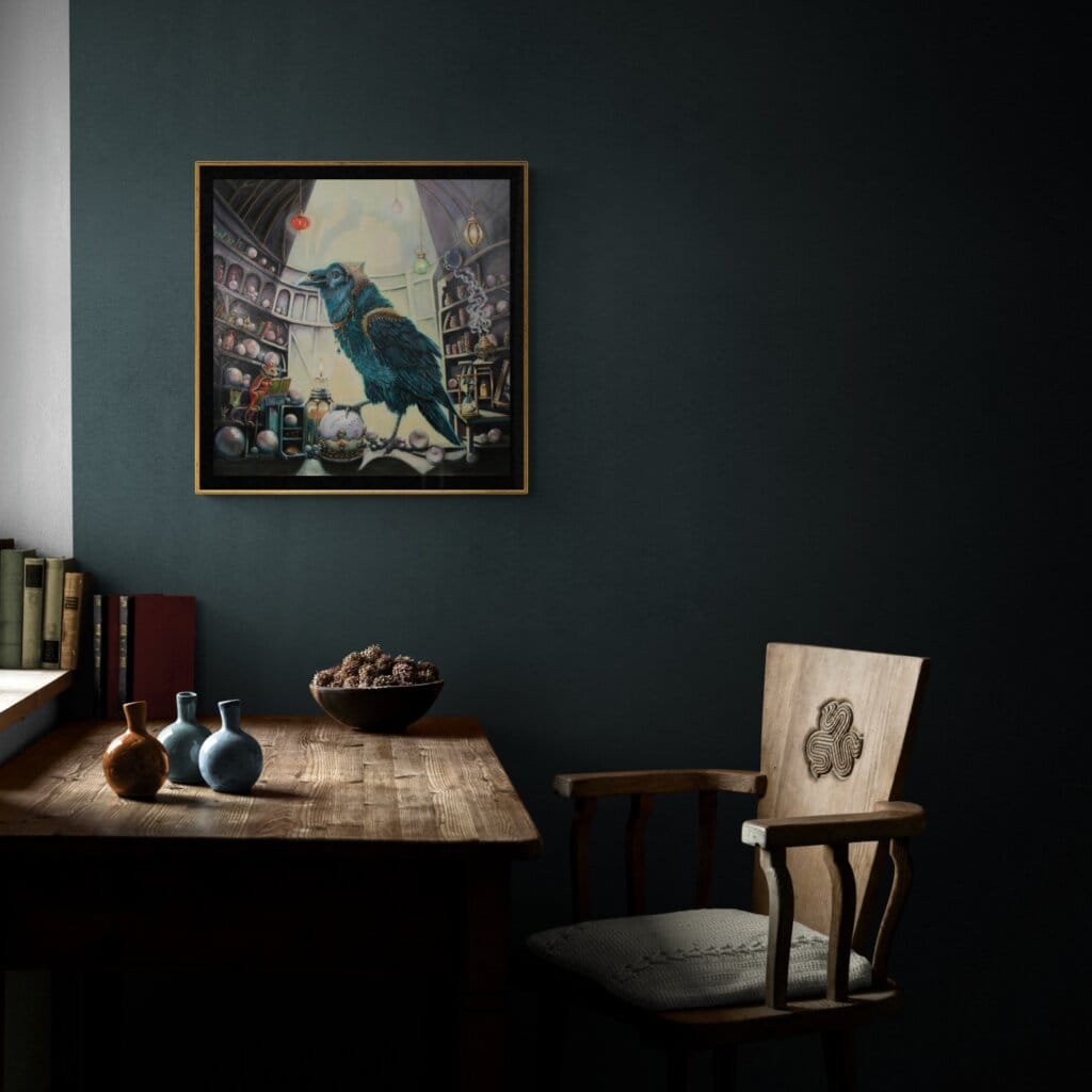 Ravensong… painted by UK fantasy artist Ann Richmond, presents a striking raven at rest within the scribing hall of the Otherwurlde. Usually intent on engraving guidance upon the legendary Pearls of Wisdom, here it pauses—head cocked, beak poised—as though weighing what the next rune should reveal. A golden shaft of light illuminates the shelves and urns around it, symbols of the knowledge entrusted to this enigmatic guardian. The painting reflects an old truth: a bird does not sing because it has an answer, but because it has a song. In this moment of stillness, the raven’s presence suggests that wisdom lies not in final answers, but in the ongoing song itself—the search, the patience, the story unfolding. Part of the Otherwurlde Collection—created in collaboration with writer Gary Hyland—Ravensong invites collectors into a world where armoured animals and hidden narratives converge. Available as the original artwork and in a limited range of fine-art prints. Discover more at Otherwurlde.com.