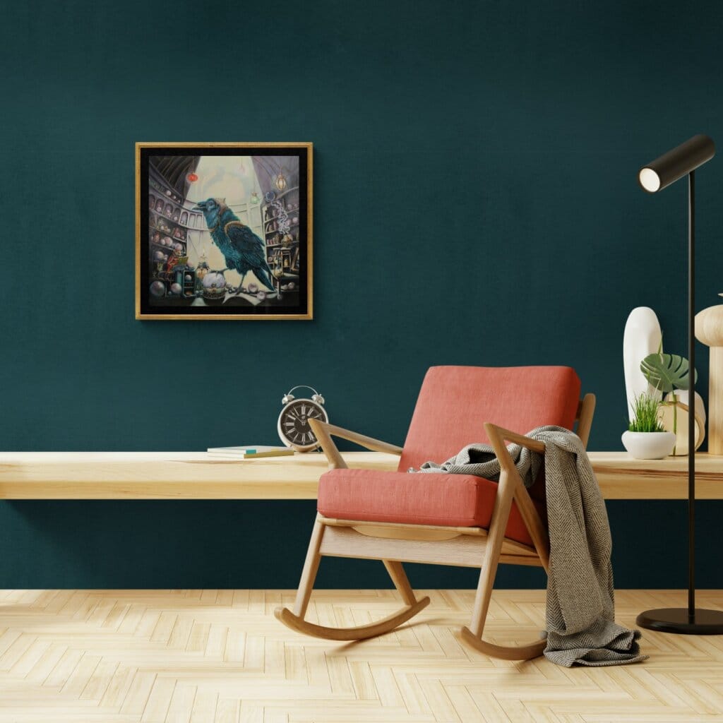 Ravensong… painted by UK fantasy artist Ann Richmond, presents a striking raven at rest within the scribing hall of the Otherwurlde. Usually intent on engraving guidance upon the legendary Pearls of Wisdom, here it pauses—head cocked, beak poised—as though weighing what the next rune should reveal. A golden shaft of light illuminates the shelves and urns around it, symbols of the knowledge entrusted to this enigmatic guardian. The painting reflects an old truth: a bird does not sing because it has an answer, but because it has a song. In this moment of stillness, the raven’s presence suggests that wisdom lies not in final answers, but in the ongoing song itself—the search, the patience, the story unfolding. Part of the Otherwurlde Collection—created in collaboration with writer Gary Hyland—Ravensong invites collectors into a world where armoured animals and hidden narratives converge. Available as the original artwork and in a limited range of fine-art prints. Discover more at Otherwurlde.com.