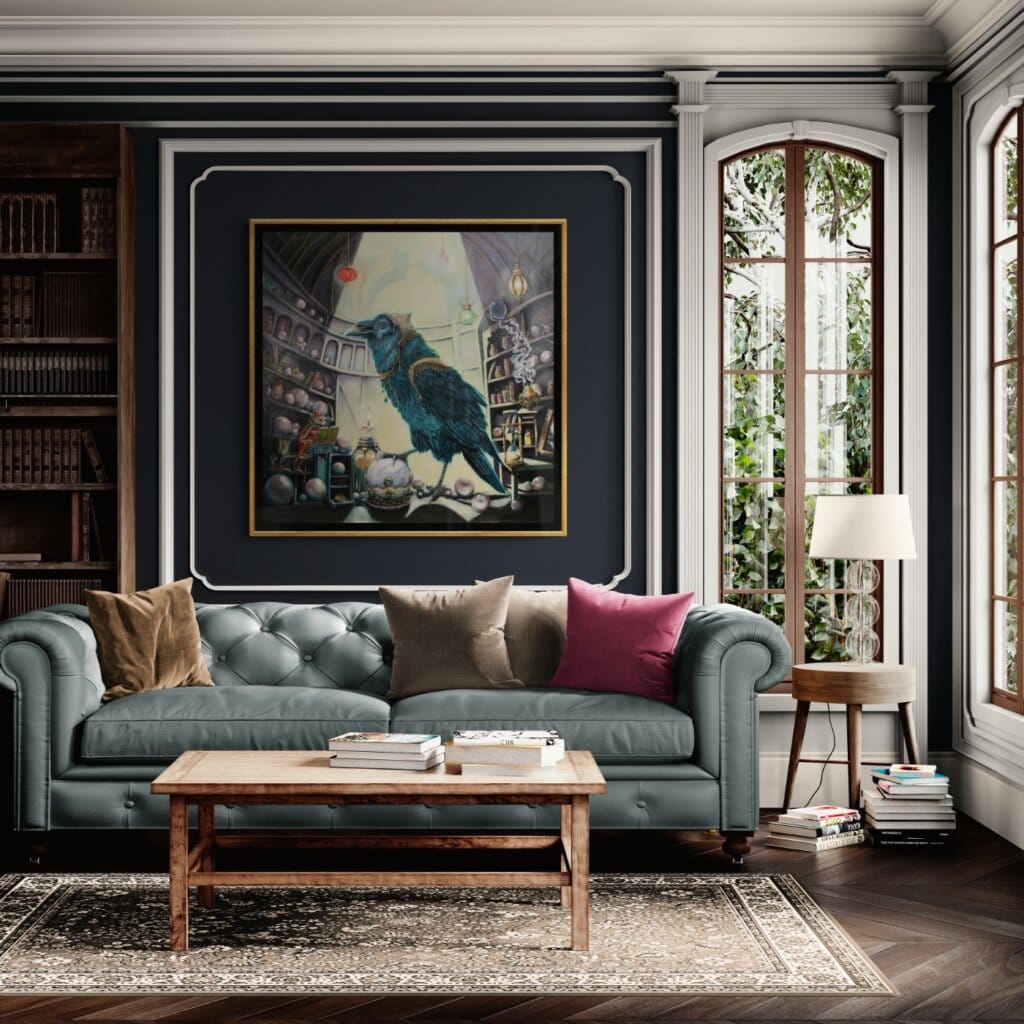 Ravensong… painted by UK fantasy artist Ann Richmond, presents a striking raven at rest within the scribing hall of the Otherwurlde. Usually intent on engraving guidance upon the legendary Pearls of Wisdom, here it pauses—head cocked, beak poised—as though weighing what the next rune should reveal. A golden shaft of light illuminates the shelves and urns around it, symbols of the knowledge entrusted to this enigmatic guardian. The painting reflects an old truth: a bird does not sing because it has an answer, but because it has a song. In this moment of stillness, the raven’s presence suggests that wisdom lies not in final answers, but in the ongoing song itself—the search, the patience, the story unfolding. Part of the Otherwurlde Collection—created in collaboration with writer Gary Hyland—Ravensong invites collectors into a world where armoured animals and hidden narratives converge. Available as the original artwork and in a limited range of fine-art prints. Discover more at Otherwurlde.com.