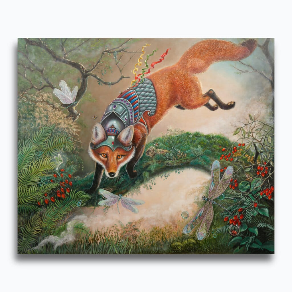 Prime Time... by Ann Richmond, follows a young fox as it encounters newly emerged dragonflies — a fleeting, magical moment that quietly explores time, transformation, and the idea that life is not measured by length, but by intensity. Part of the Otherwurlde Collection—created in collaboration with writer Gary Hyland—Ravensong invites collectors into a world where armoured animals and hidden narratives converge. Available as the original artwork and in a limited range of fine-art prints. Discover more at Otherwurlde.com.