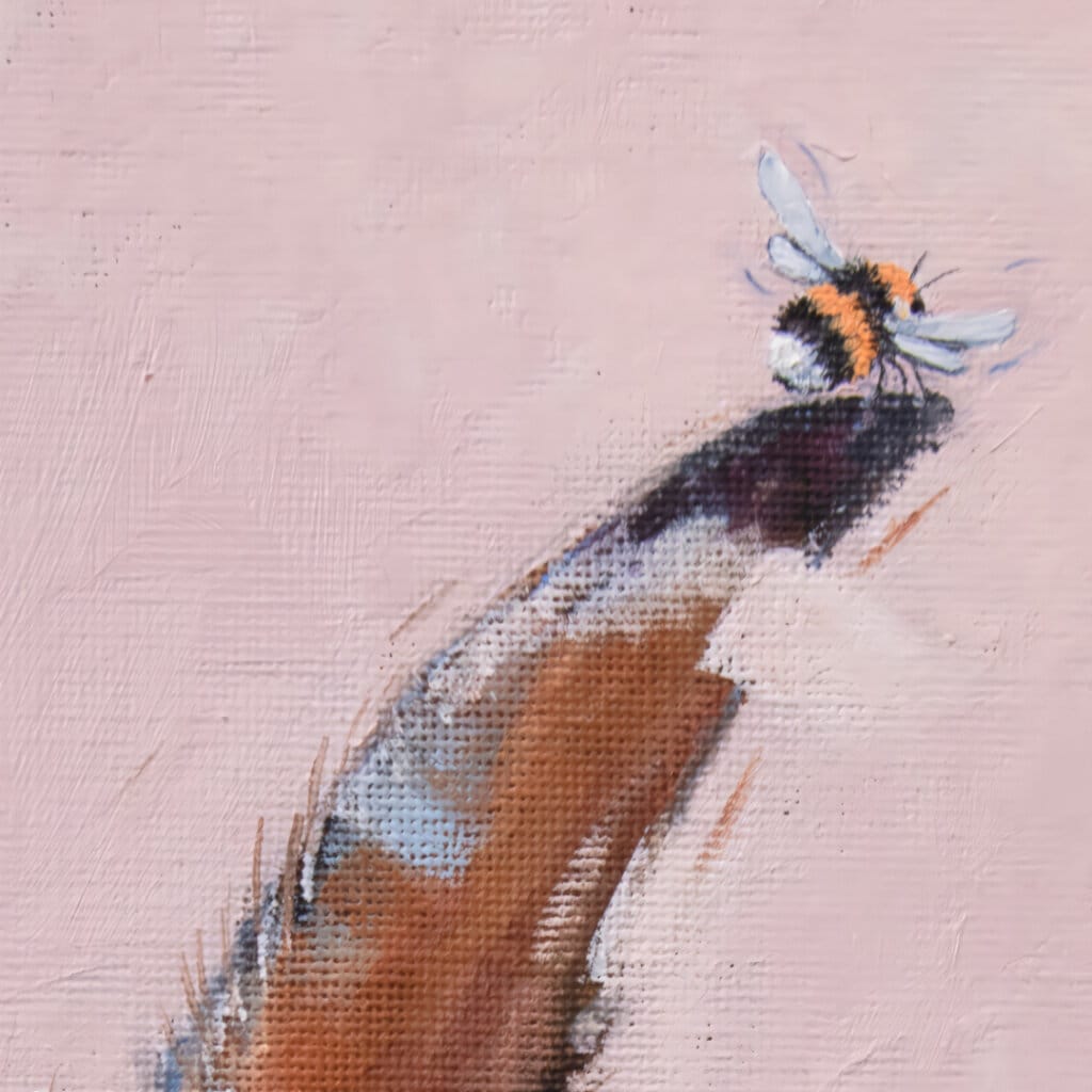 "Bee Hare Now..." painted by renowned UK wildlife artist Ann Richmond, is a charming, whimsical portrait featuring a Bumble Bee that's tickling a Hare's ear... The piece comes alive with vibrant brush strokes over a richly textured canvas, capturing the delicate interplay of nature in a moment of quiet wonder. Each piece in The Wylde Ones is rendered in Richmond’s fresh, energetic, and gestural new style—a deliberate departure from her works in The Otherwurlde Collection. The backgrounds are carefully matched to hues from a heritage palette we affectionately call “Barrow & Fall”; complementing these striking and distinctive portrayals of British wildlife. Discover the original works and fine-art prints at Otherwurlde.com.