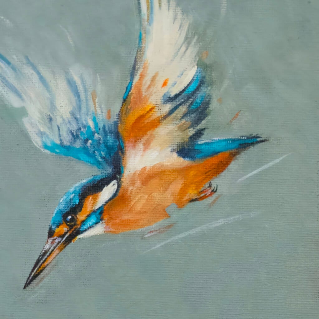 "The Fisher King..." painted by renowned UK wildlife artist Ann Richmond, is a dynamic, inspiring portrait of a Kingfisher as it dives to investigate ripples... The piece comes alive with vibrant brush strokes over a richly textured canvas, capturing the delicate interplay of nature in a moment of quiet wonder. Each piece in The Wylde Ones is rendered in Richmond’s fresh, energetic, and gestural new style—a deliberate departure from her works in The Otherwurlde Collection. The backgrounds are carefully matched to hues from a heritage palette we affectionately call “Barrow & Fall”; complementing these striking and distinctive portrayals of British wildlife. Discover the original works and fine-art prints at Otherwurlde.com.